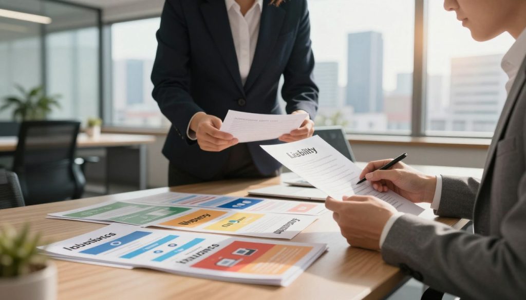 A modern office environment showcasing various types of business insurance. In the foreground, a professional businessperson in tailored attire is reviewing documents related to liability, property, and workers' compensation insurance. In the middle ground, a table displays colorful infographics or brochures representing different insurance options, clearly labeled but without text. The background features a large window with natural light pouring in, revealing a cityscape with skyscrapers, symbolizing a thriving business atmosphere. The lighting is warm and inviting, creating a sense of trust and security. The overall mood is professional, informative, and encouraging, ideal for educating viewers about business insurance types.