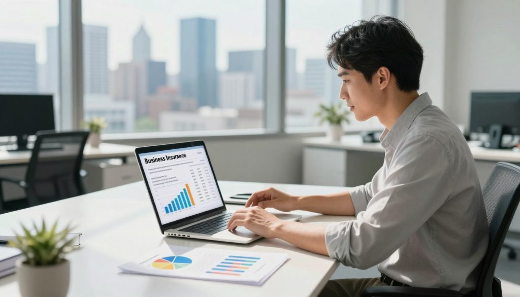 A modern office setting filled with sleek furniture, where a focused business professional, dressed in smart casual attire, sits at a desk with a laptop open, comparing business insurance quotes on the screen. On the desk, there are colorful graphs and documents, showcasing comparison charts. In the background, a large window reveals a city skyline, illuminated by bright daylight, creating a vibrant and optimistic atmosphere. The lighting is bright and natural, highlighting the professional's concentration while soft shadows add depth. An angled view captures both the professional and the digital workspace, emphasizing the importance of evaluating insurance options. The overall mood is one of clarity and determination, illustrating the process of making informed business decisions.