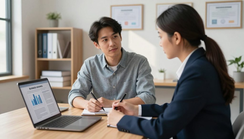 A professional insurance consultant, wearing smart business attire, is seated at a modern desk in an inviting office environment. The foreground features a laptop displaying charts and documents related to business insurance. In the middle ground, a small business owner, dressed in casual but neat clothing, appears engaged in discussion, taking notes on a notepad. The background includes shelves with business books and certificates on the walls, creating an atmosphere of expertise and trust. Soft, natural lighting streams in from a window, casting gentle shadows and emphasizing the focused expressions of both individuals. The overall mood is collaborative and informative, highlighting the process of assessing small business insurance needs effectively.
