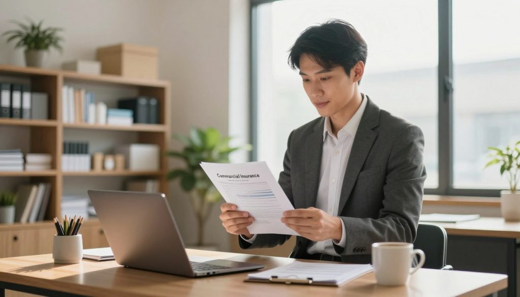 A small business owner stands confidently in a modern office, reviewing a financial document that symbolizes commercial insurance. In the foreground, there’s a polished desk with a laptop and a coffee mug, while the owner, dressed in professional attire, appears engaged and focused. In the middle ground, shelves lined with business supplies and a plant add a touch of warmth and life to the space. The background features large windows allowing natural light to flood in, casting a soft glow over the scene. The atmosphere is optimistic and professional, highlighting the importance of making informed choices about business insurance to ensure protection and stability. The overall color palette is warm and inviting, promoting a sense of security and confidence.