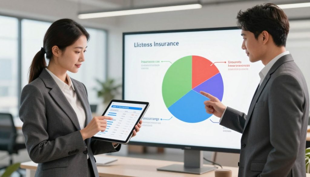 A split-screen illustration representing a business insurance cost comparison. In the foreground, on the left side, a professional businesswoman in a tailored suit analyzes various insurance quotes displayed on a digital tablet, with a focused expression. On the right side, a businessman in a smart attire points at a large, colorful pie chart showcasing a breakdown of different insurance costs and coverage. In the middle background, an office environment with a modern design, filled with natural light streaming through large windows. The atmosphere is collaborative and optimistic, suggesting clarity and confidence in decision-making. The lens captures a slightly elevated angle to emphasize the comparison aspect, while soft shadows enhance the professionalism of the scene.